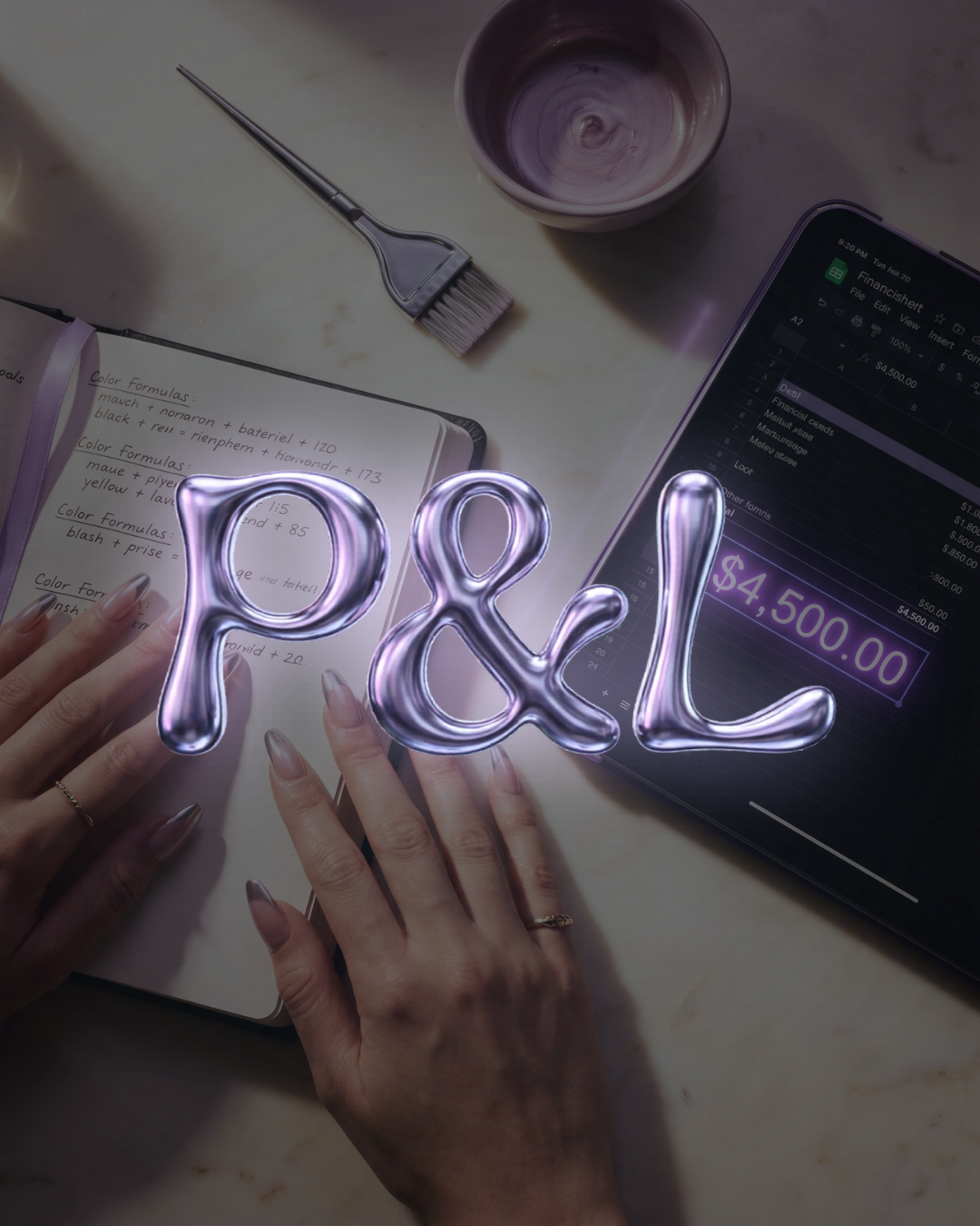 Glow Up P&L Starter Kit cover — dark editorial portrait of the workbook for beauty pros tracking AI ROI, monthly P&L, and workflow impact